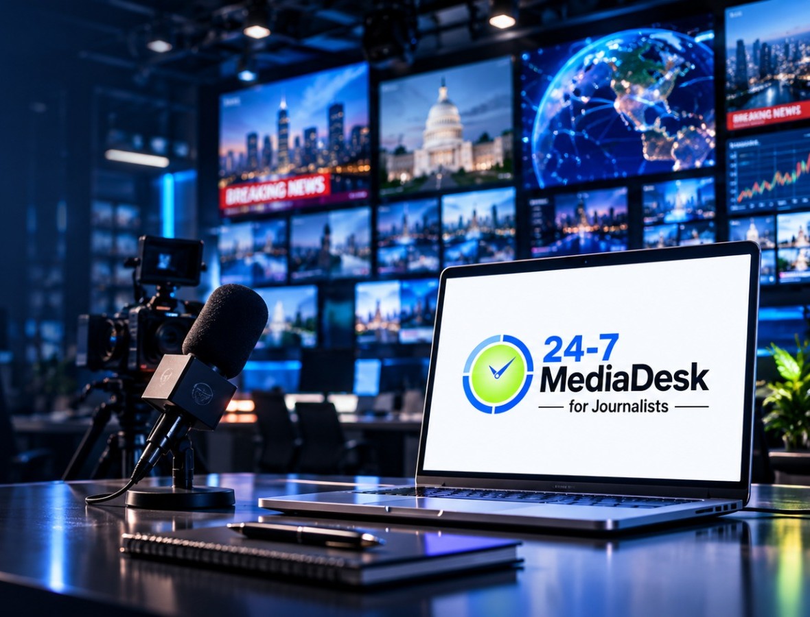 Newsroom workspace with laptop displaying 24-7 MediaDesk
