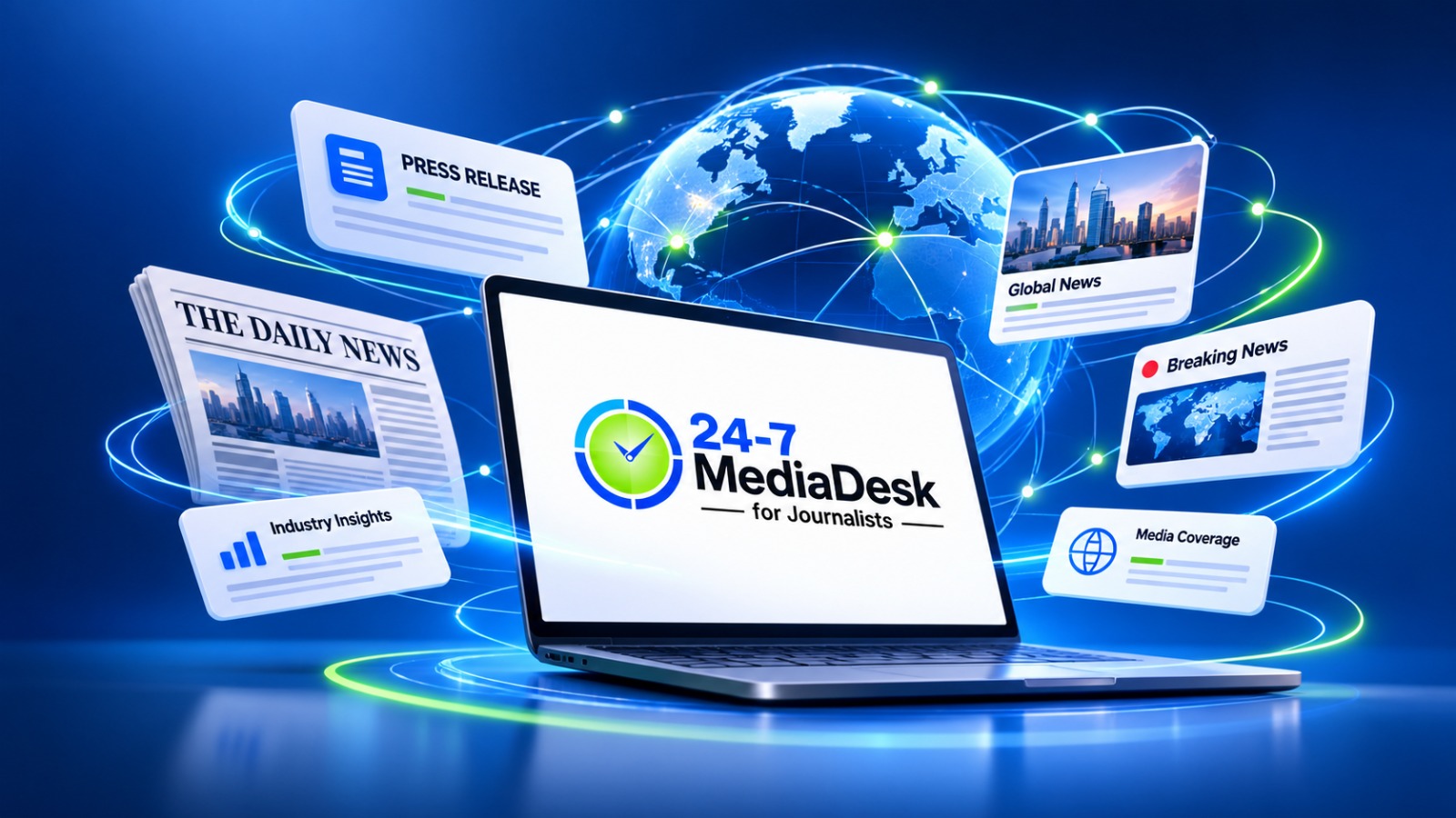Newsroom workspace with laptop displaying 24-7 MediaDesk